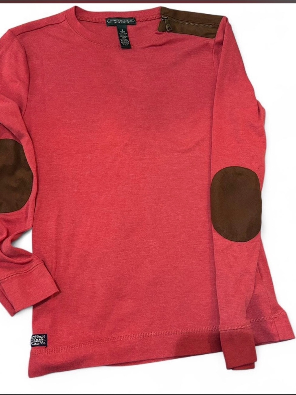 Crewneck women’s small Long Sleeve Shirt with Brown Elbow Patches - Red